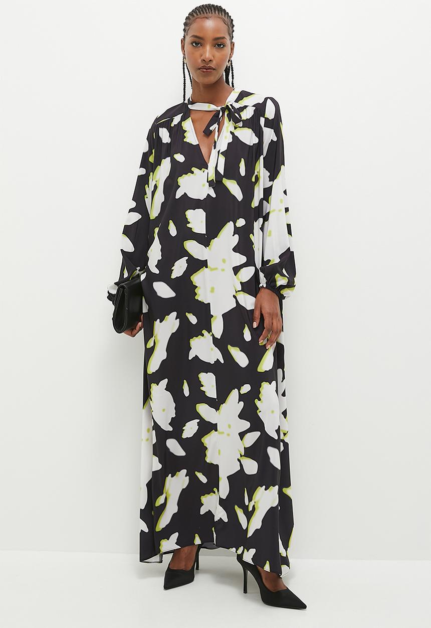 edit - Volume maxi trapeze dress - blurred liney floral