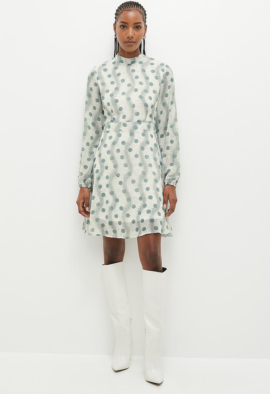 Stella Morgan - High Neck Fit And Flare Printed Dress - Sage