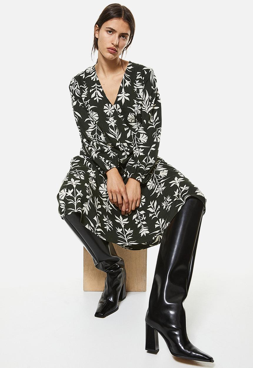 H&M - Balloon-sleeved wrap dress - green 