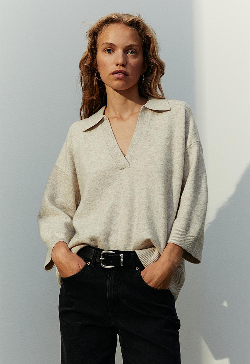 H&M - Fine-knit collared jumper - sand beige marl 