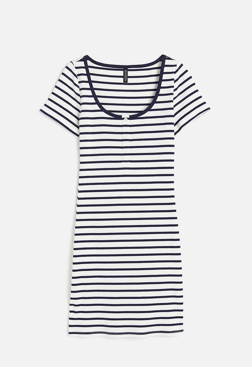 H&M - Button top ribbed dress - white/striped