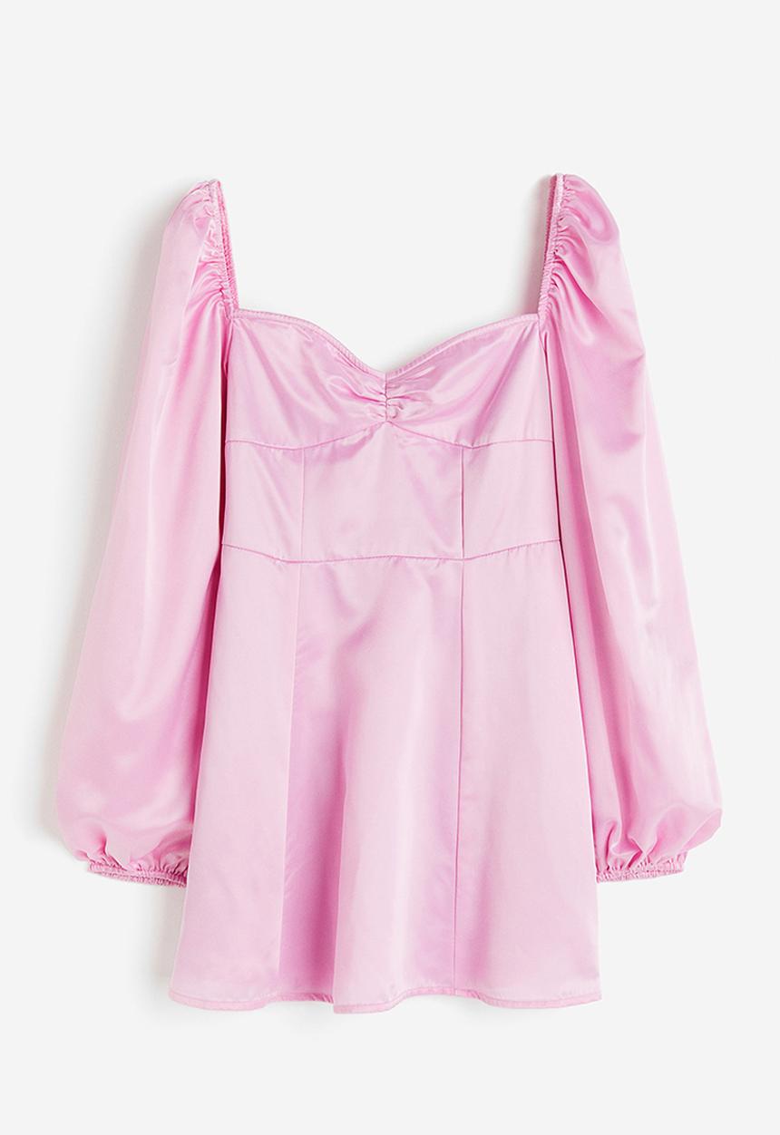 H&M - Balloon-sleeved satin dress - light pink