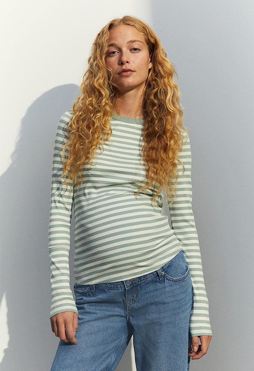 H&M - Mama ribbed jersey top - light khaki green striped 