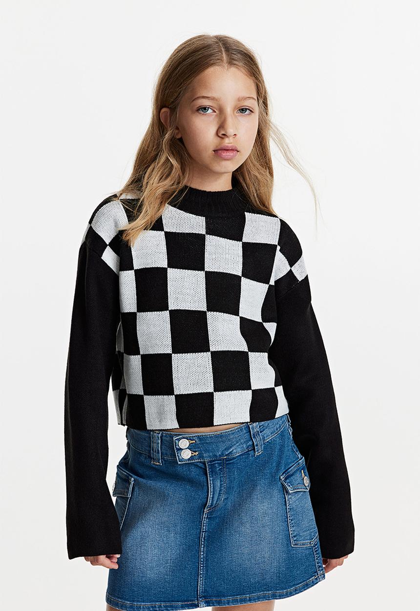 H&M - Boxy-style rib-knit jumper - black & white checked