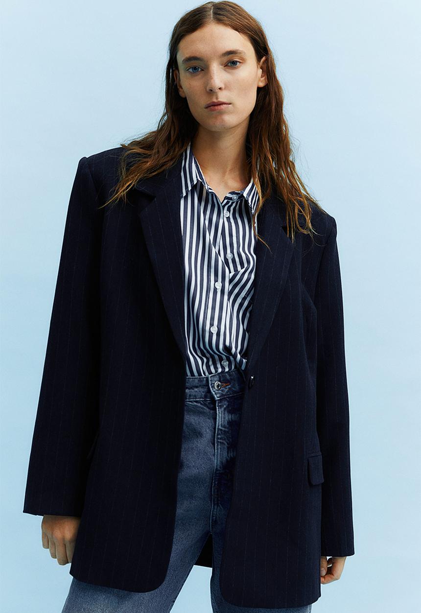 H&M - Oversized pinstriped blazer - navy blue pinstriped 