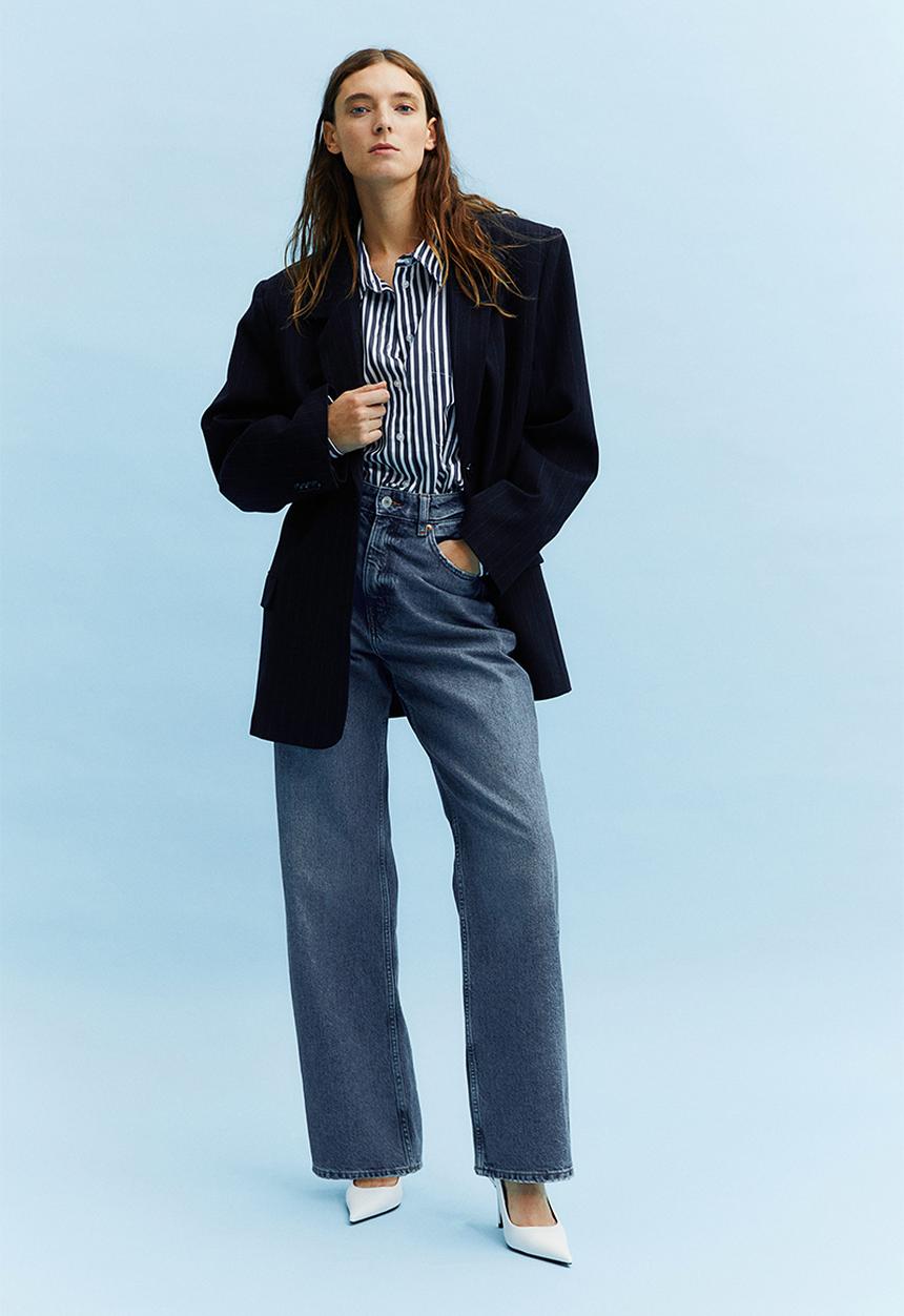 H&M - Oversized pinstriped blazer - navy blue pinstriped 