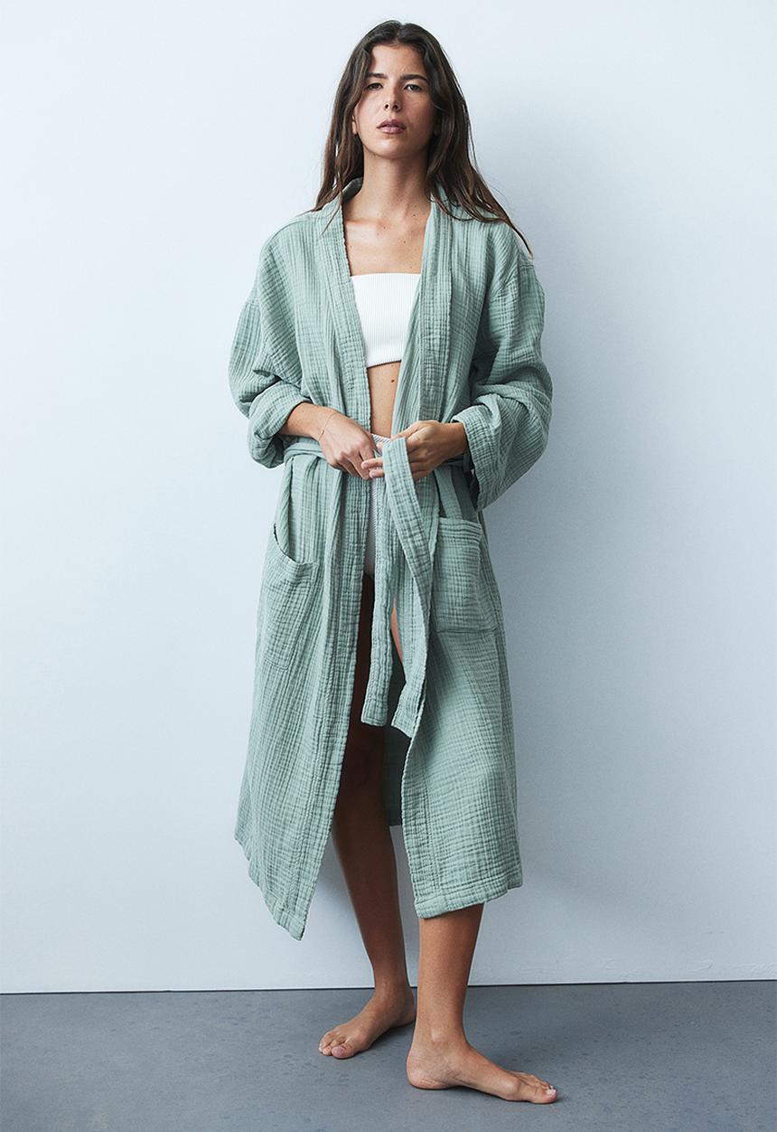 Muslin dressing gown - sage green - 1206055003