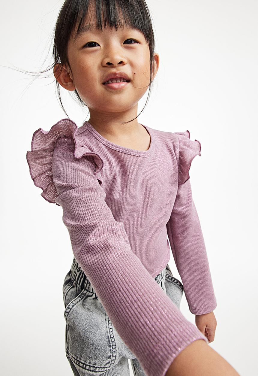 H&M - Frill-trimmed ribbed top - pink marl 