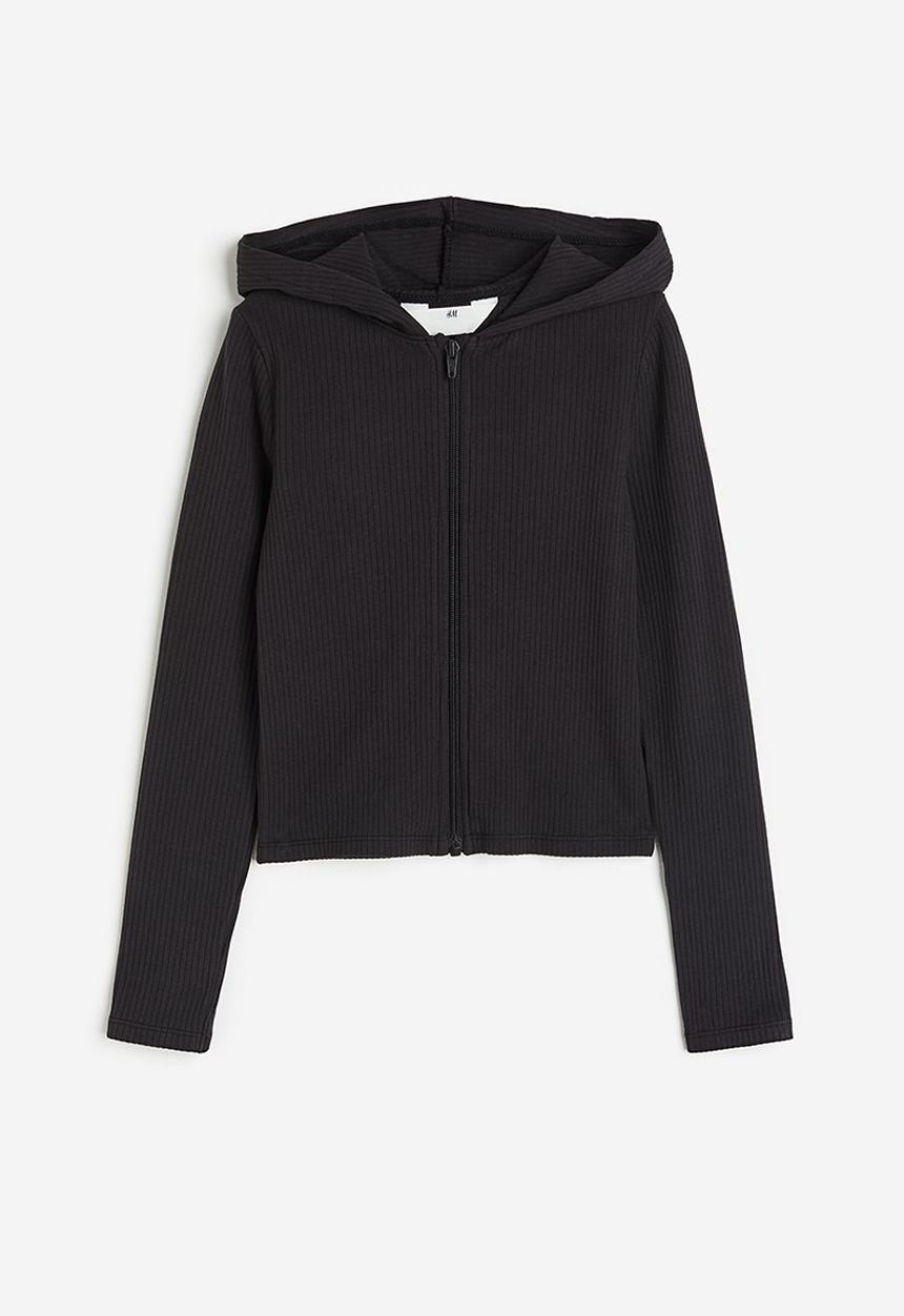 H&M - Ribbed zip-through hoodie - black
