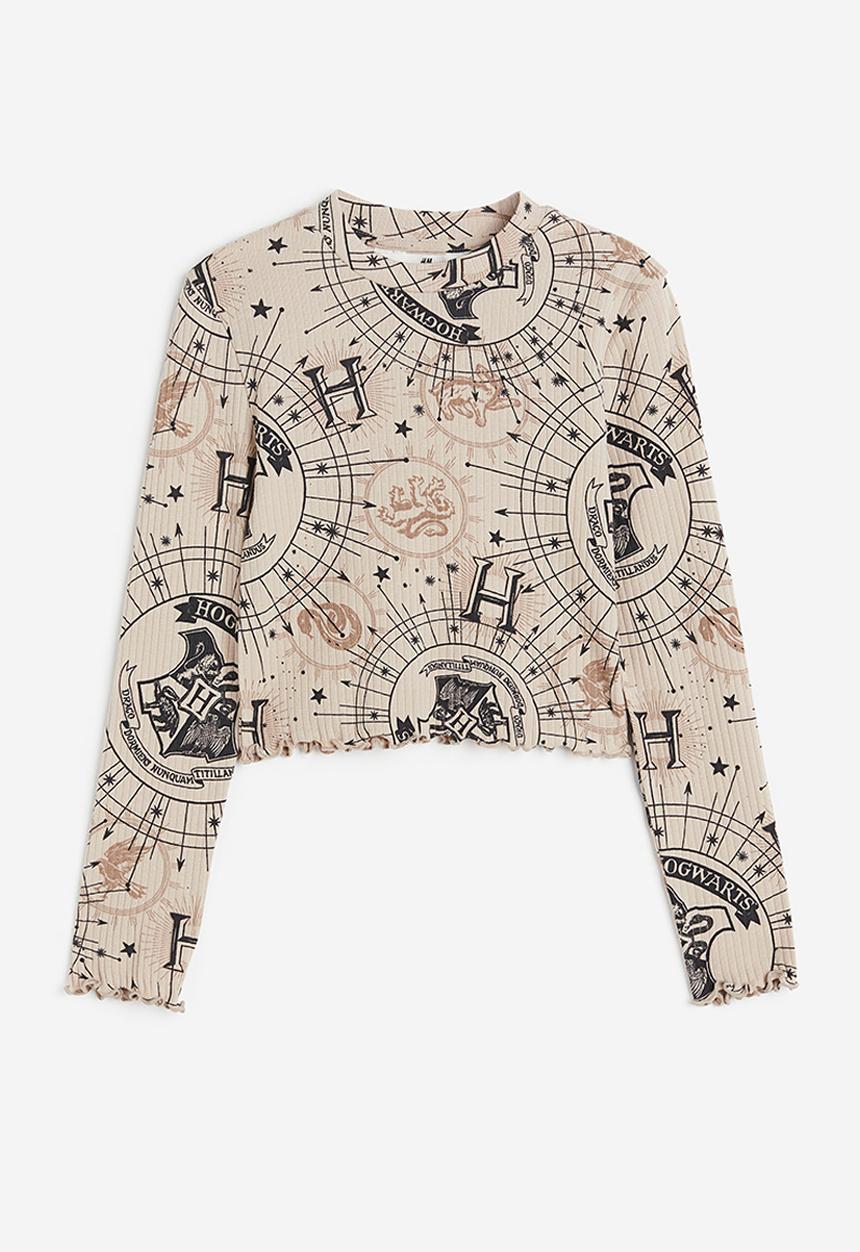 H&M - Printed jersey top - beige, multi