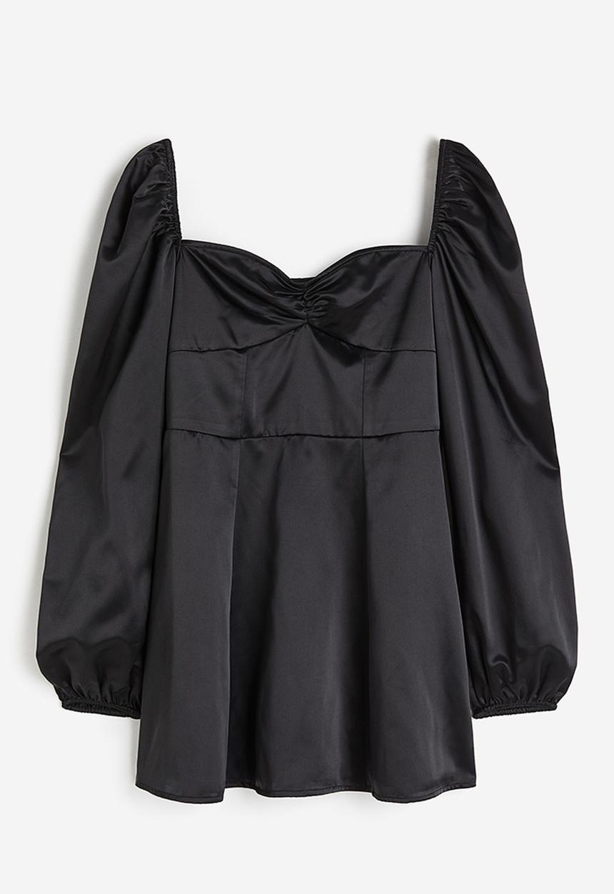 H&M - Balloon-sleeved satin dress - black