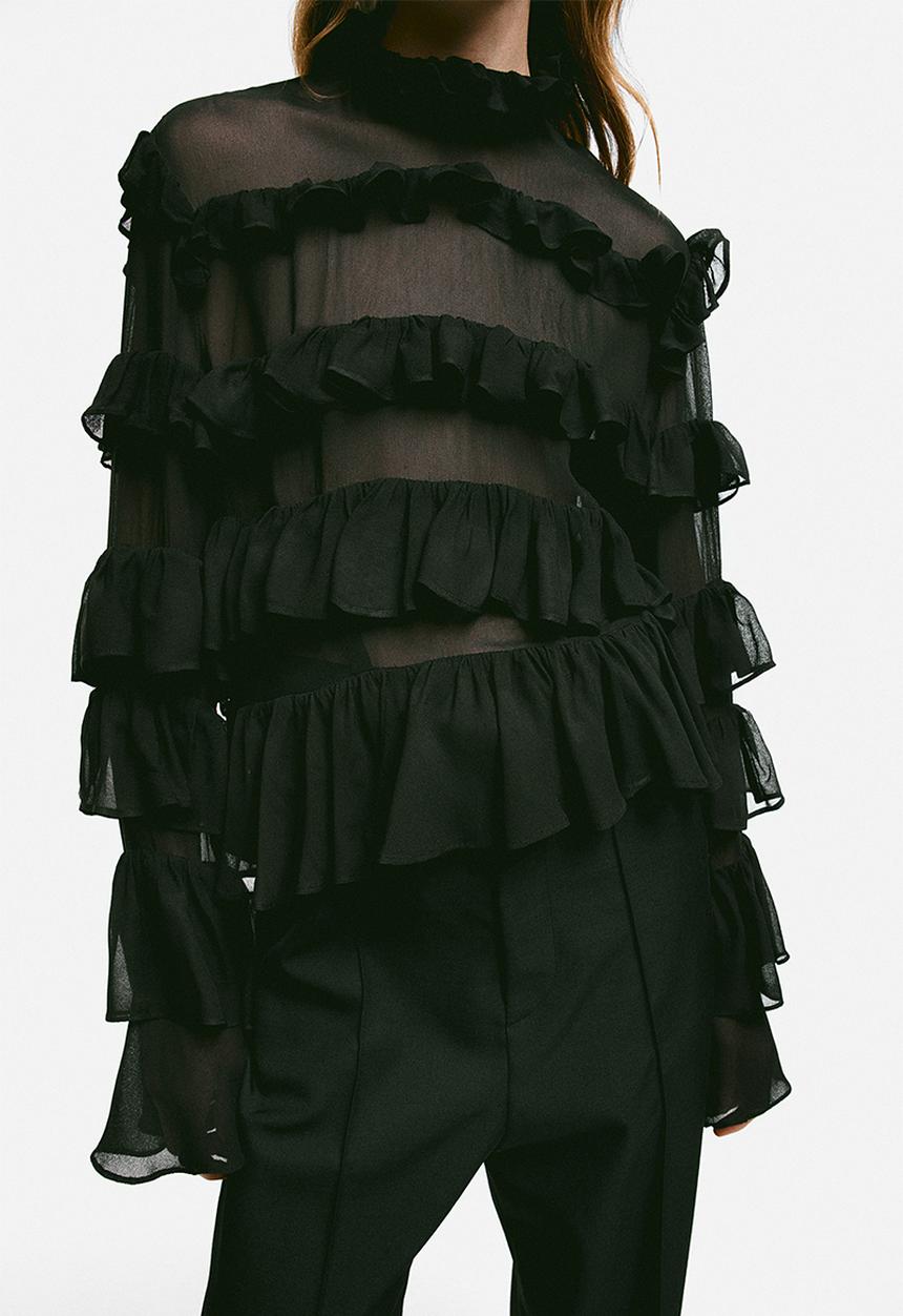 H&M - Frill-trimmed chiffon blouse - black