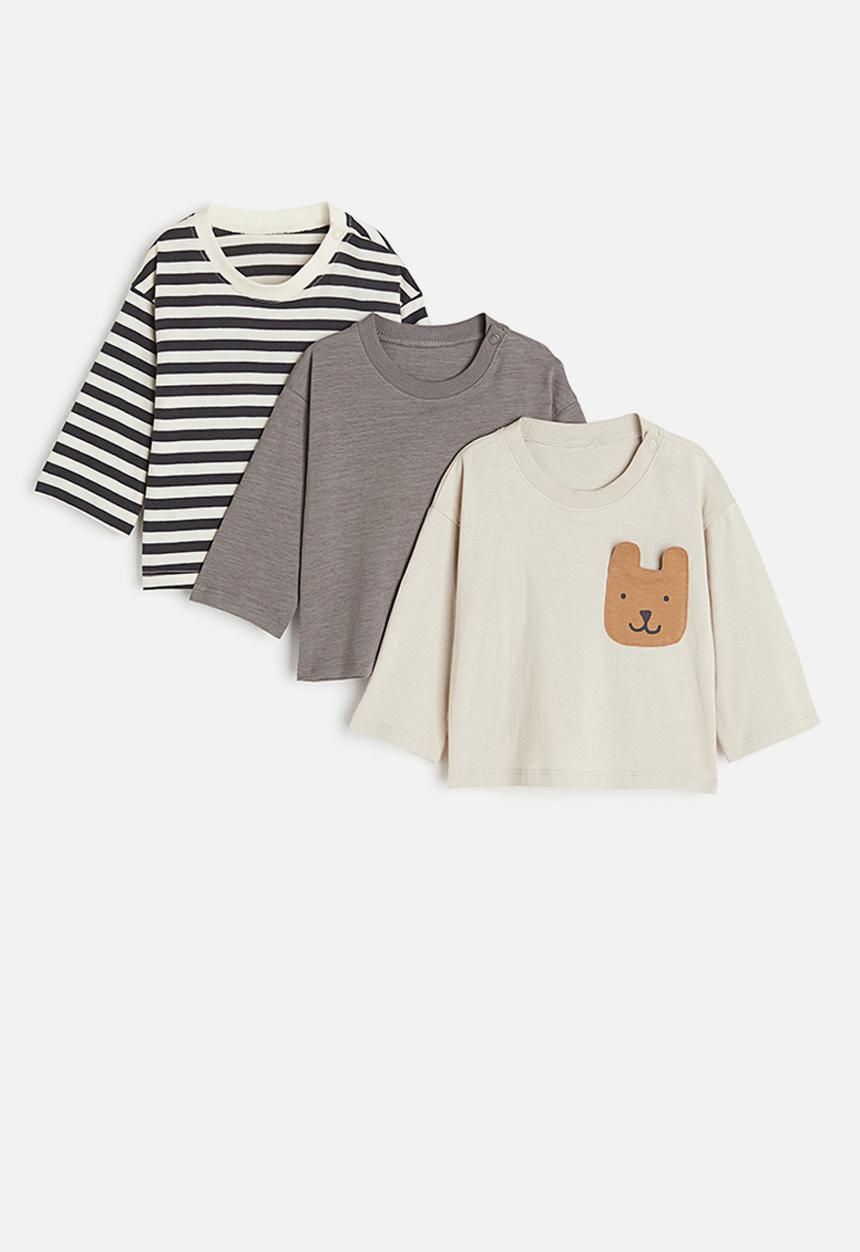 H&M - 3-pack cotton jersey tops - light greige/bear