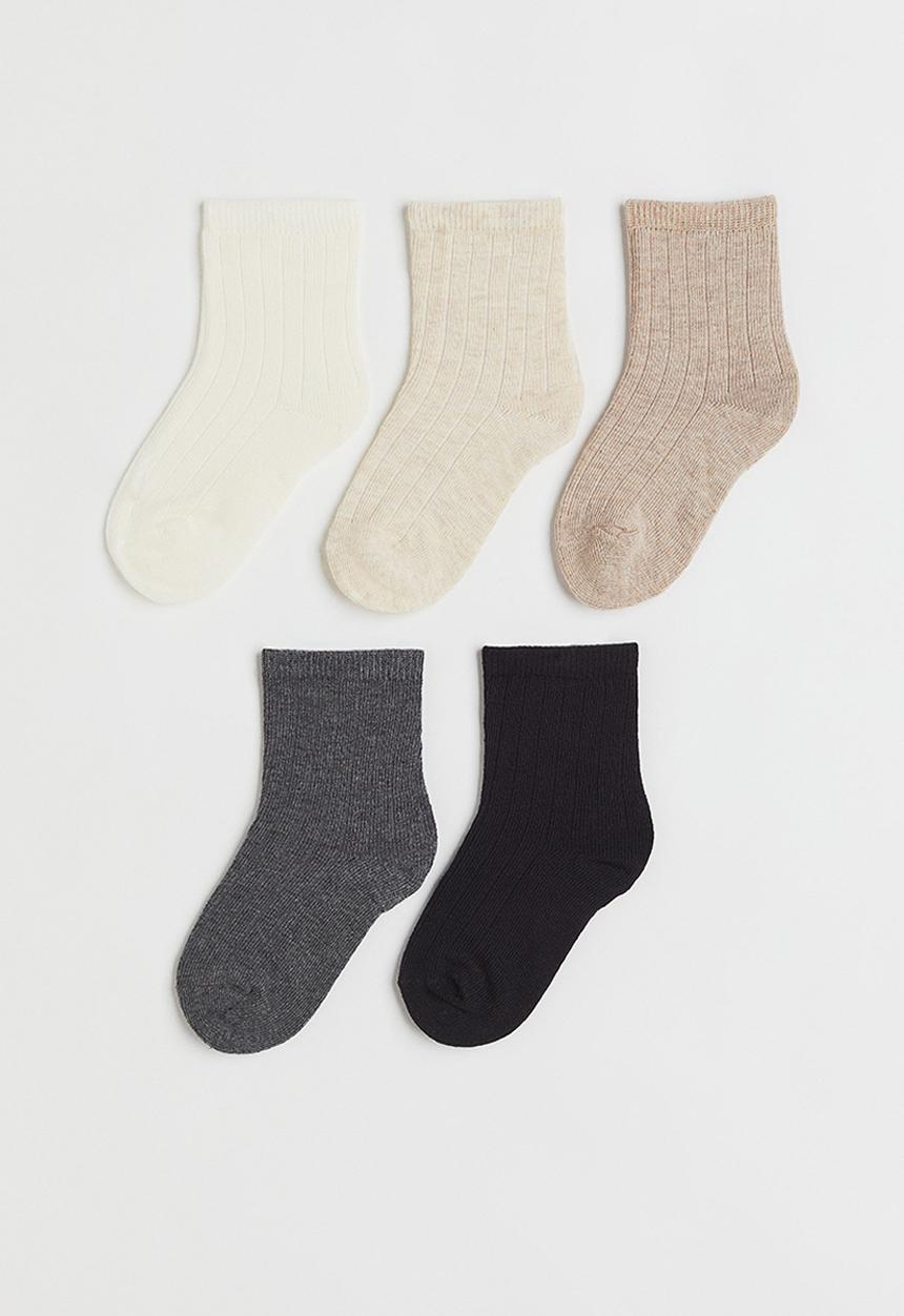 H&M - 5-pack textured-knit socks - beige, black, grey, white 