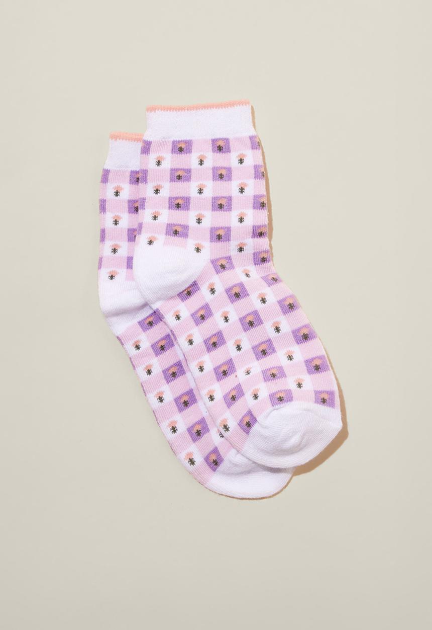 Cotton On - Single pack crew socks - lilac drop/floral gingham