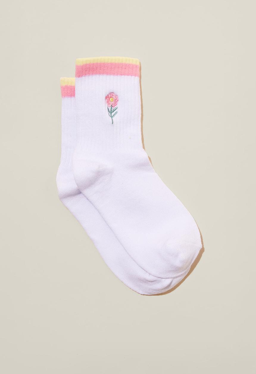 Cotton On - Single pack crew socks - white floral/stripe welt