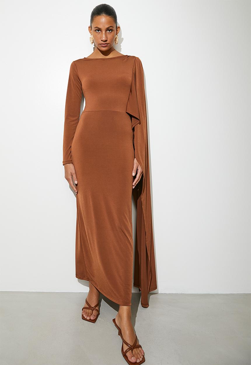 VELVET - Cape column midi dress - brandy brown