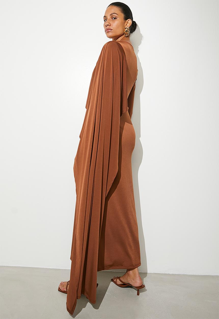 VELVET - Cape column midi dress - brandy brown