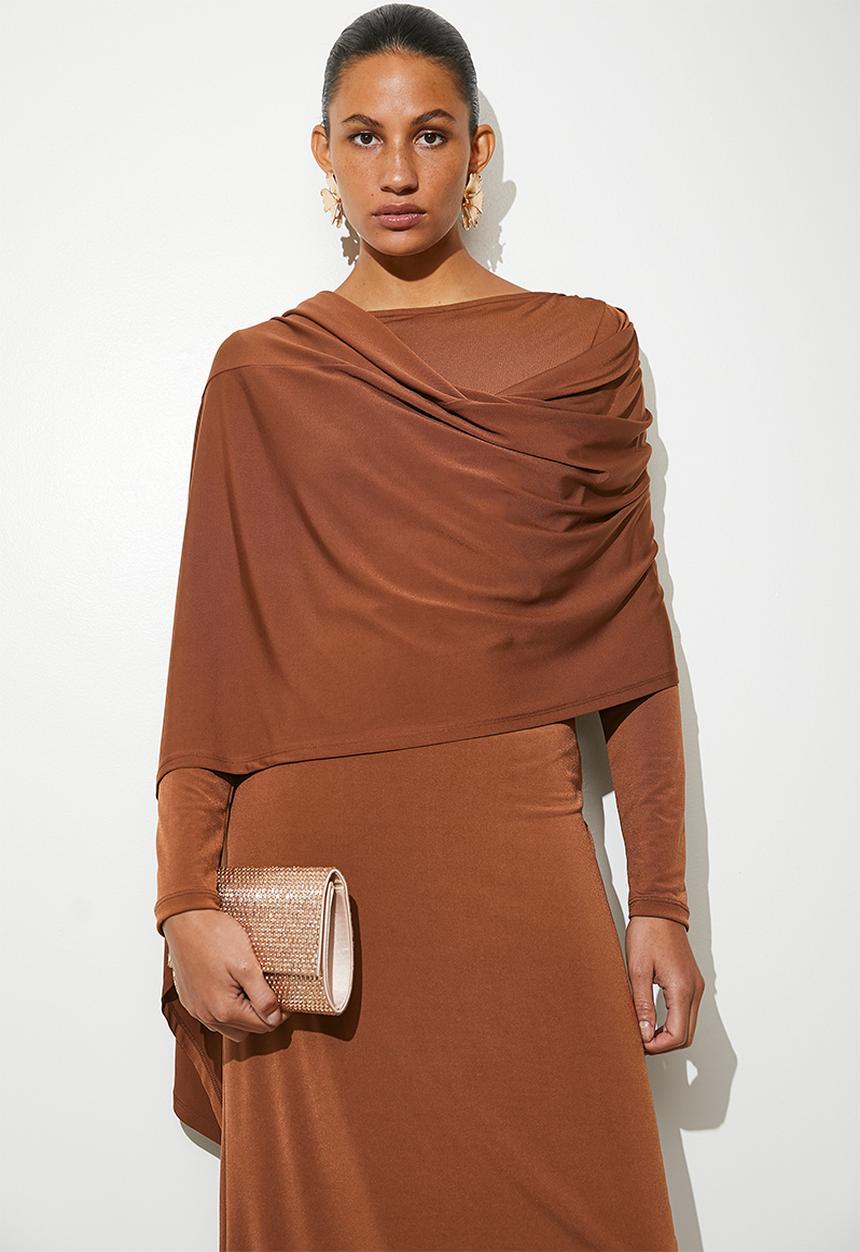 VELVET - Cape column midi dress - brandy brown
