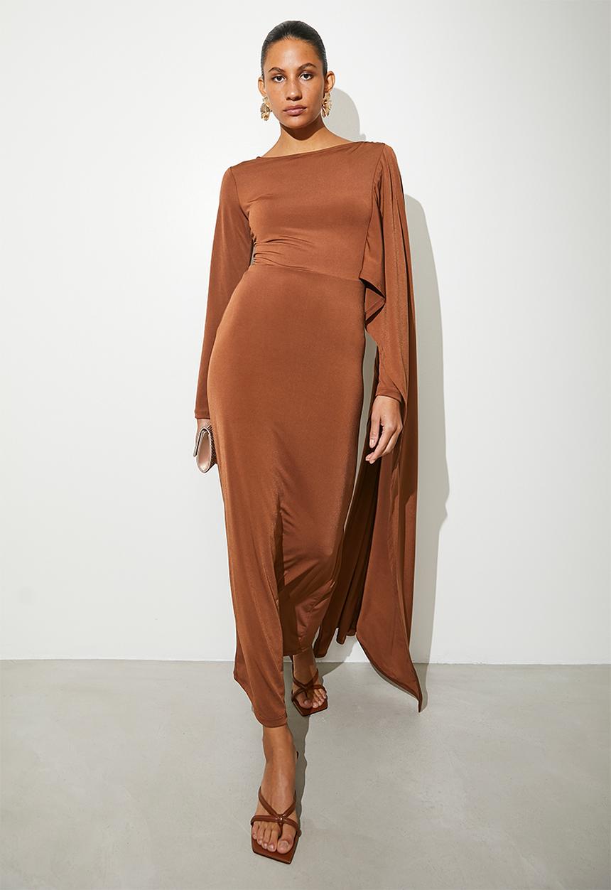 VELVET - Cape column midi dress - brandy brown