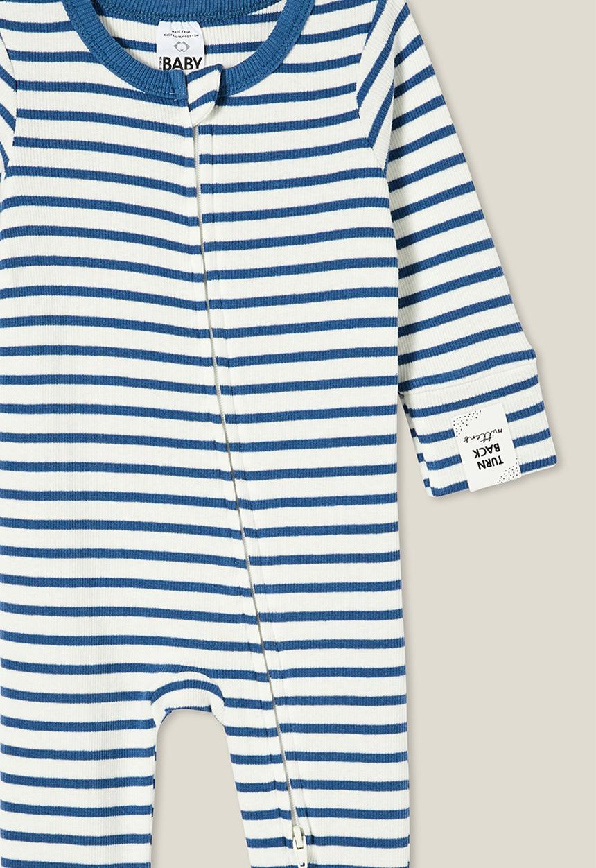 Cotton On - The long sleeve rib romper - petty blue/vanilla stripe