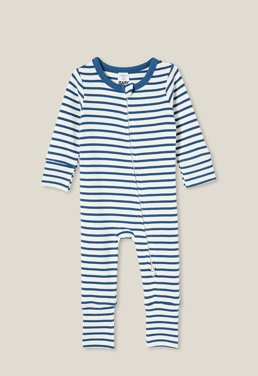 Cotton On - The long sleeve rib romper - petty blue/vanilla stripe