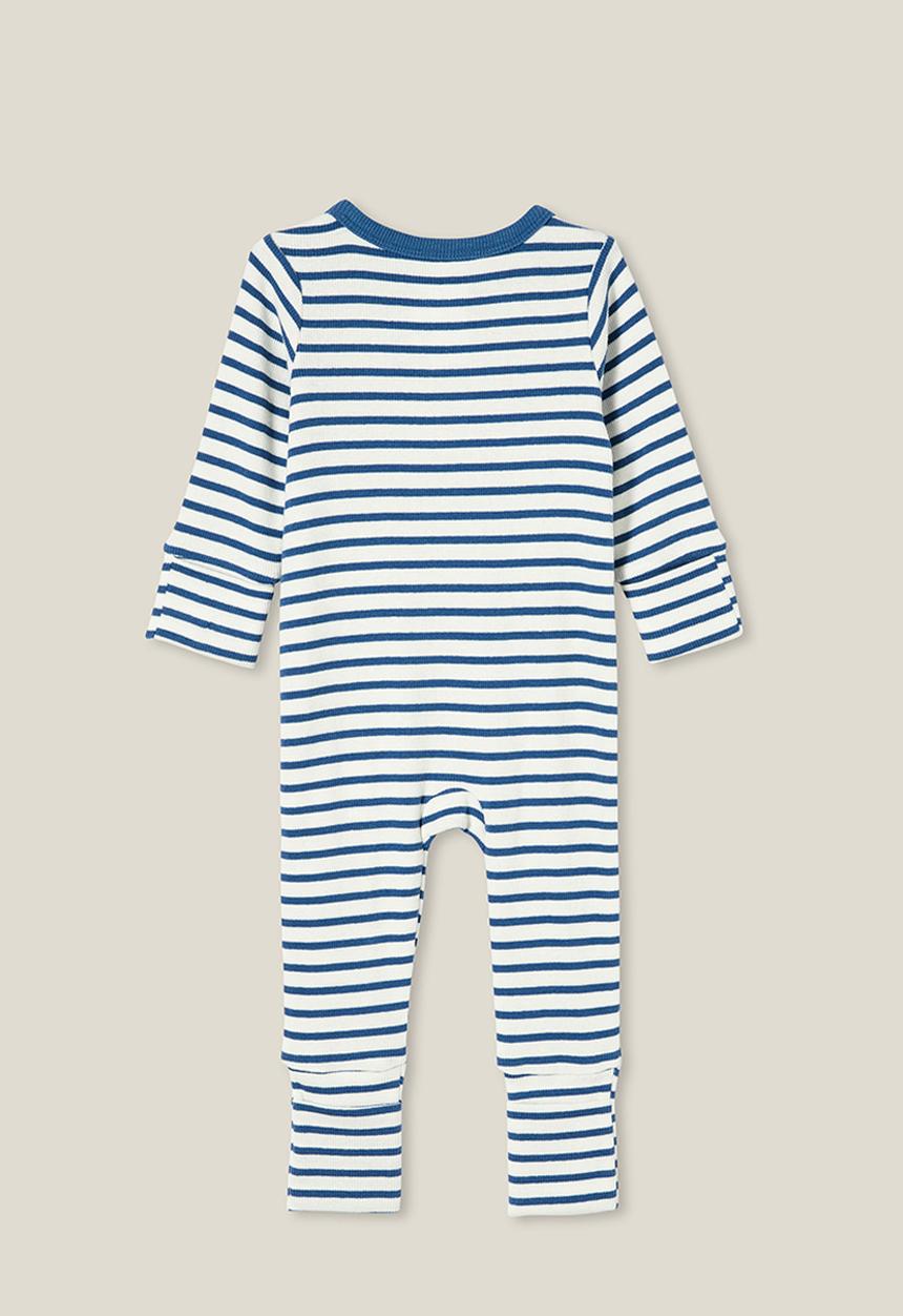 Cotton On - The long sleeve rib romper - petty blue/vanilla stripe