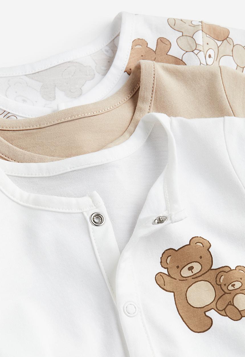 H&M - 3-Pack cotton sleepsuits - light beige teddy bears