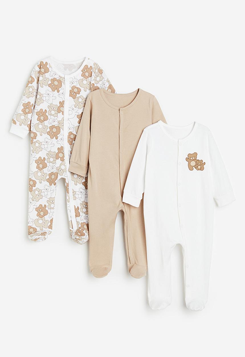 H&M - 3-Pack cotton sleepsuits - light beige teddy bears