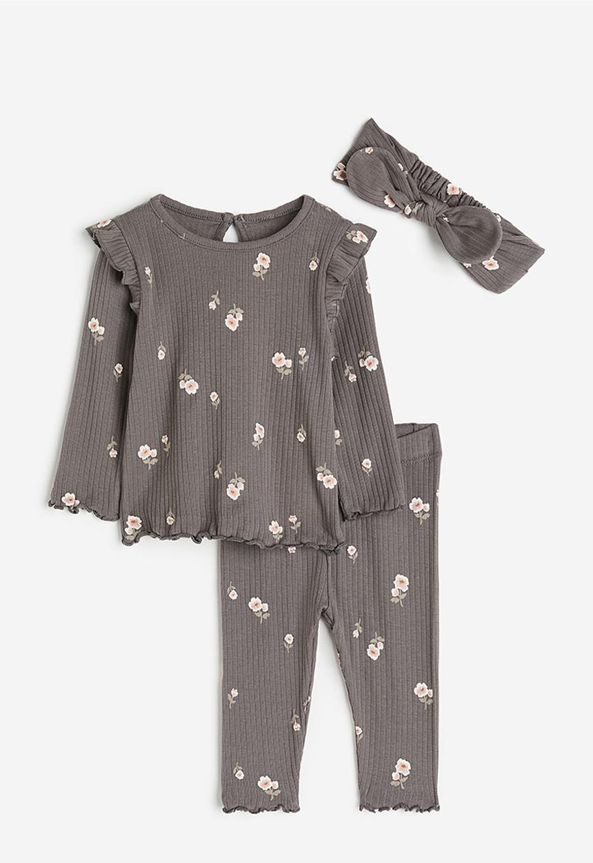 H&M - 3-Piece ribbed set - grey floral