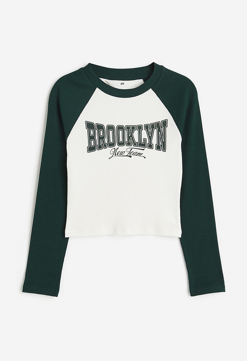 H&M - Ribbed cotton jersey cropped top - green & white