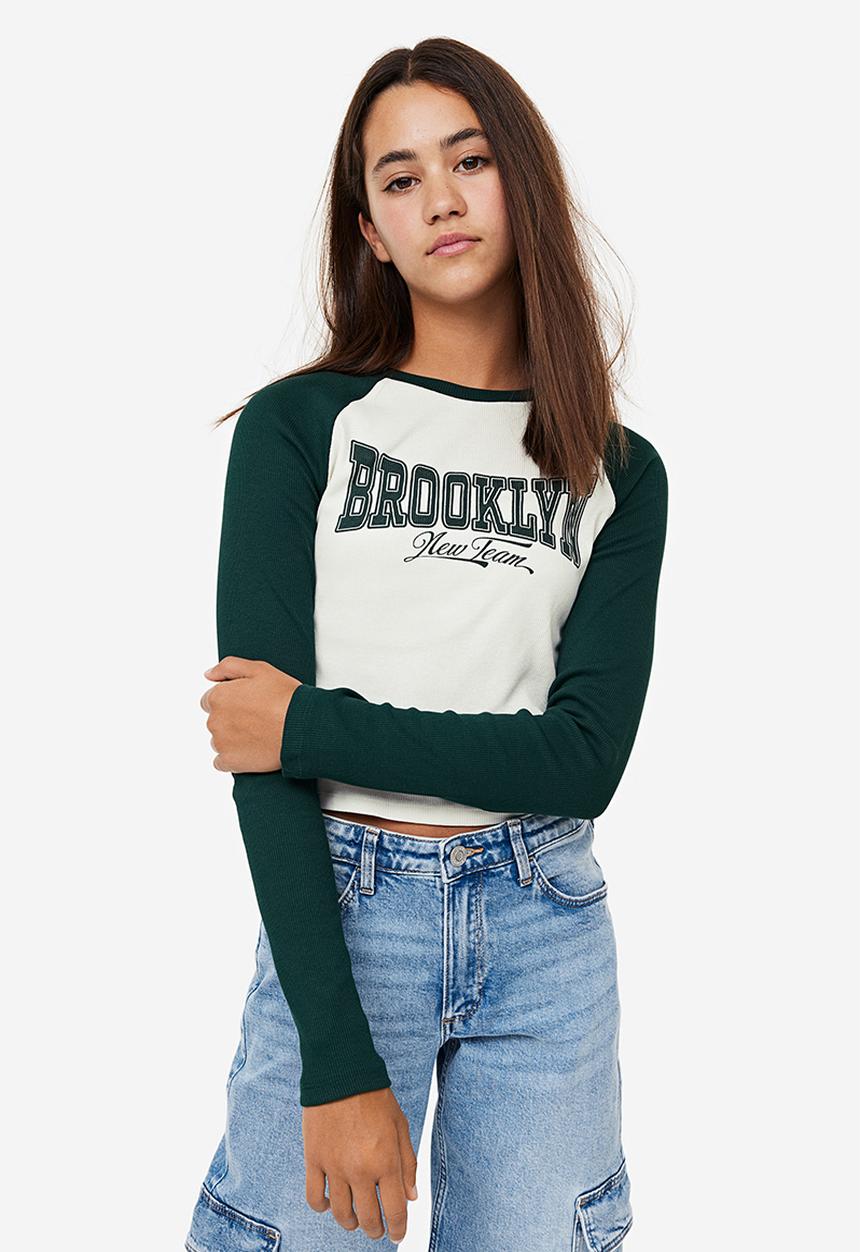H&M - Ribbed cotton jersey cropped top - green & white