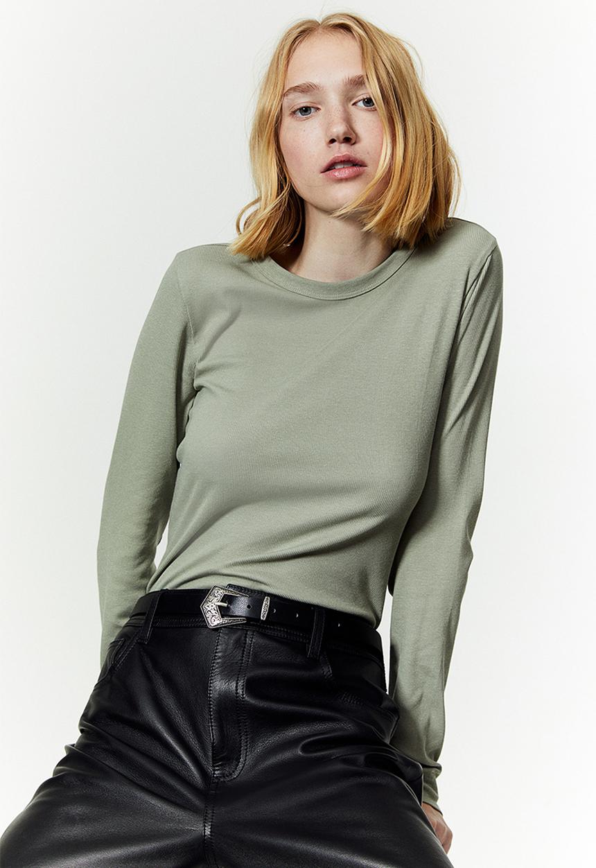 H&M - Ribbed modal-blend top - light khaki green