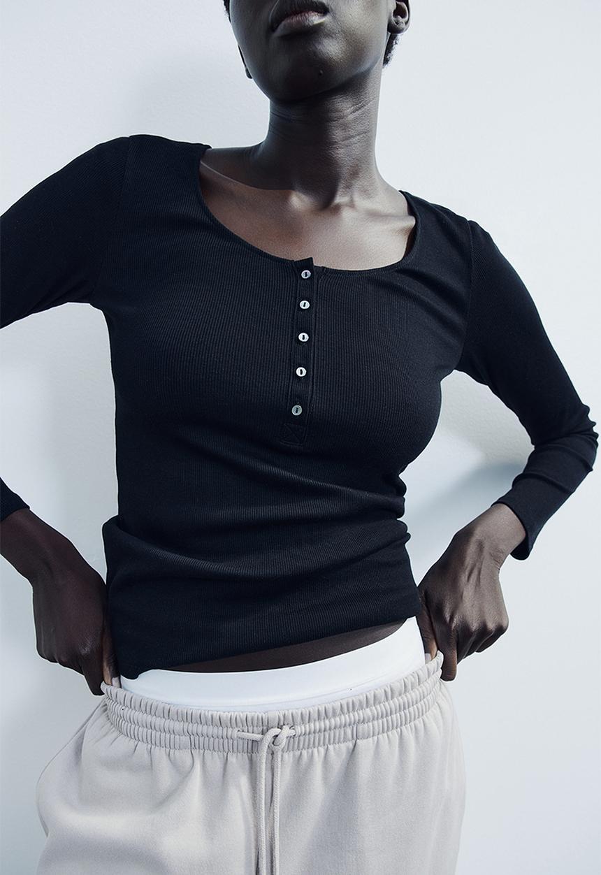 H&M - Ribbed henley top - black