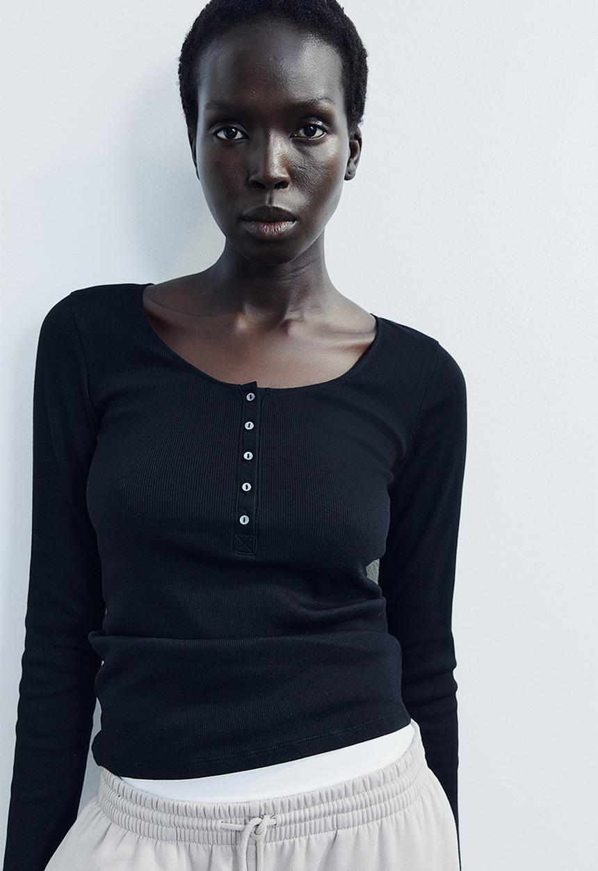 H&M - Ribbed henley top - black