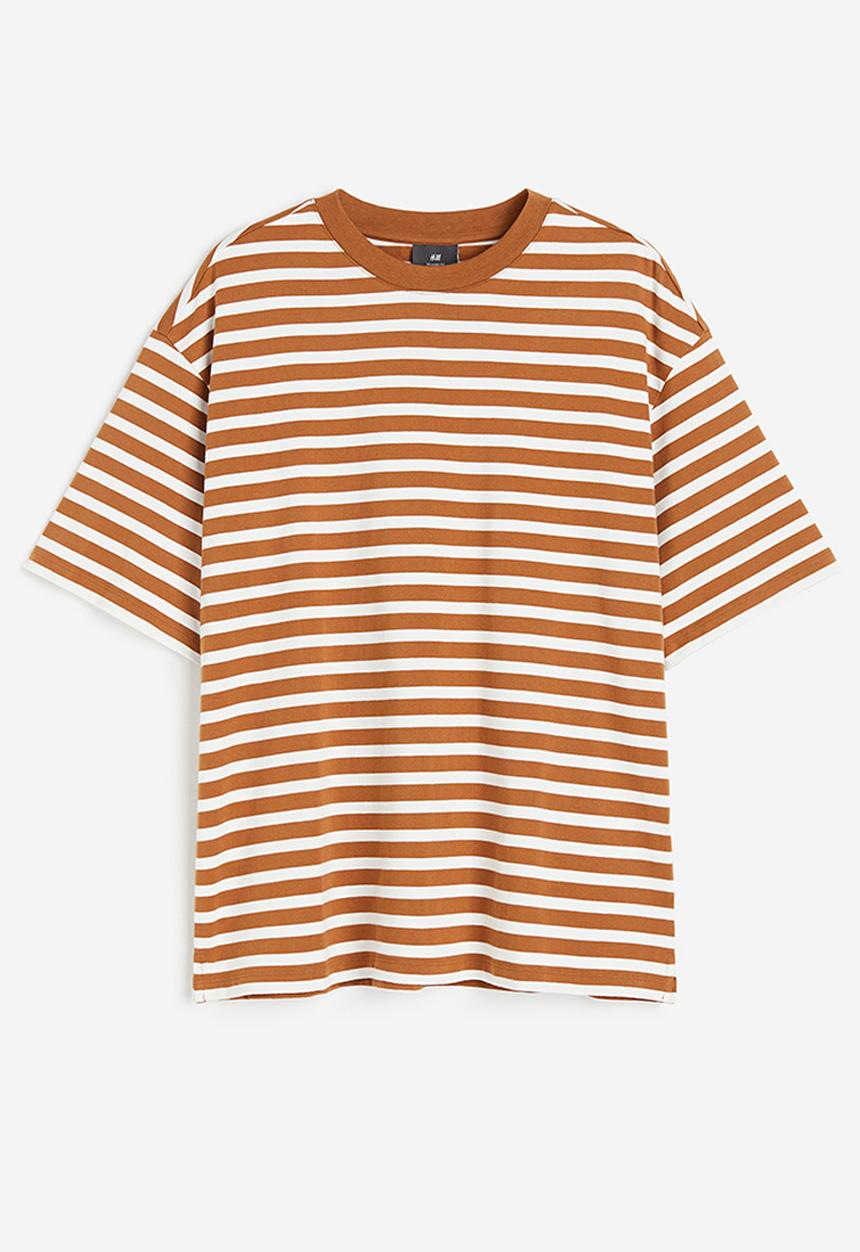 H&M - Loose fit cotton t-shirt - light brown/striped