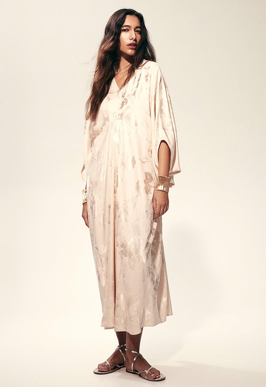 H&M - Jacquard-weave kaftan dress - light beige