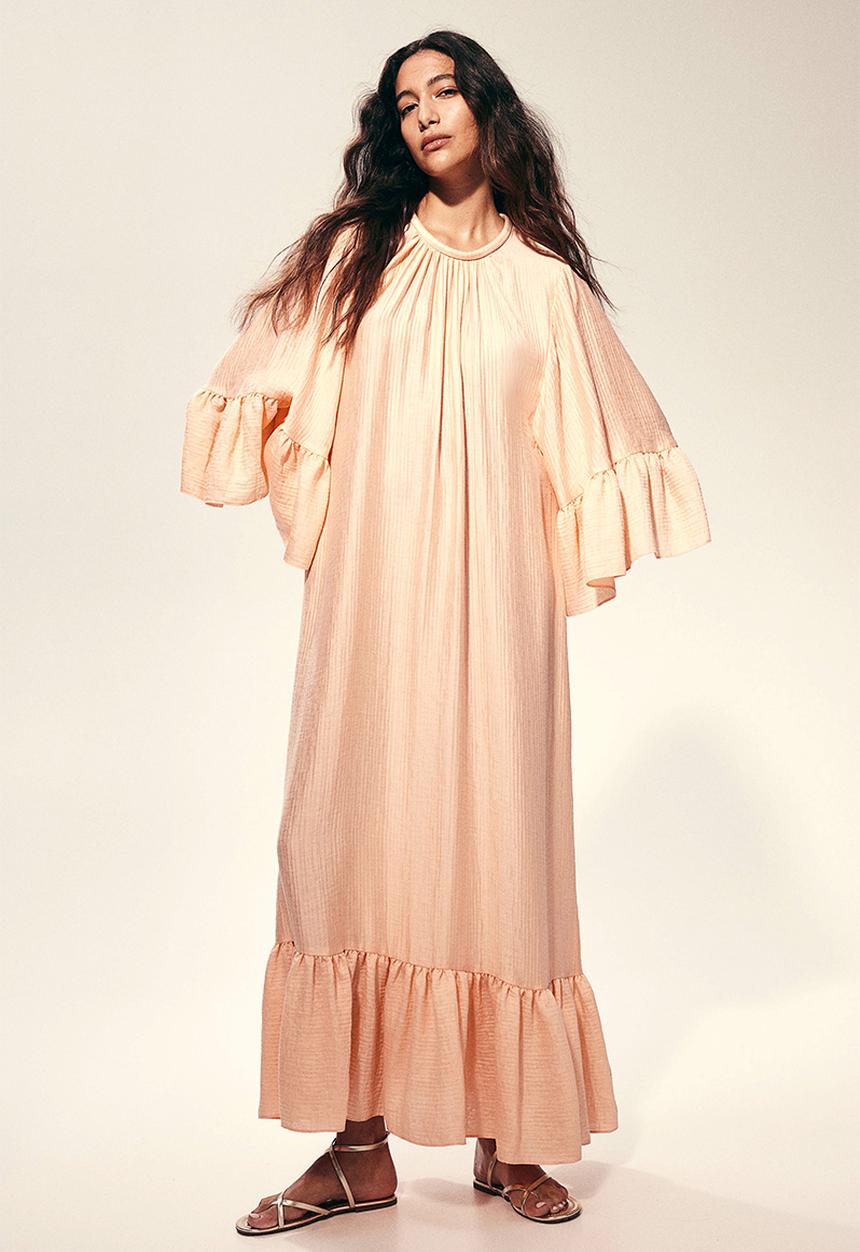 H&M - Frill-trimmed kaftan dress - peach pink 