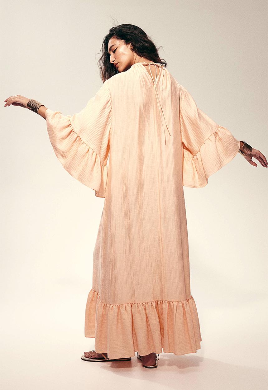 H&M - Frill-trimmed kaftan dress - peach pink 