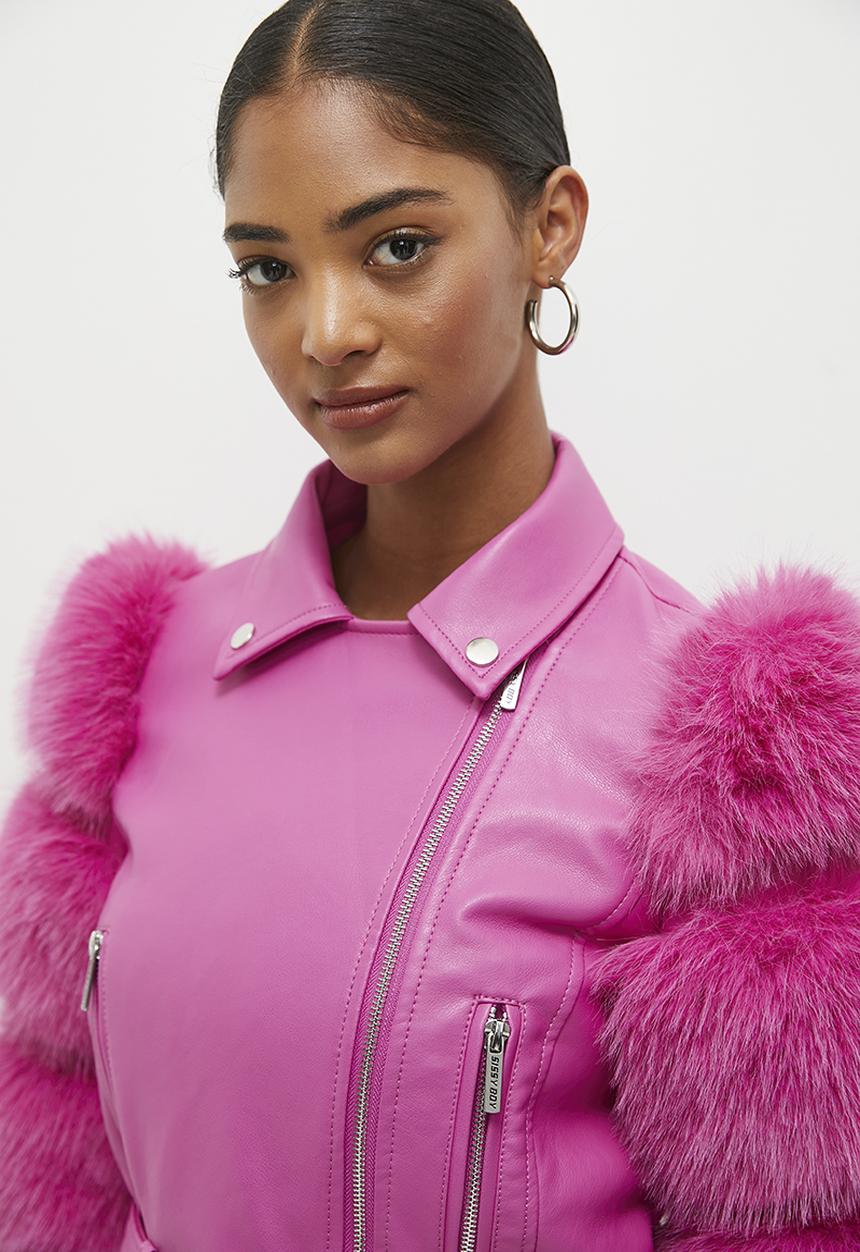 Fur Sleeve Pu Body Biker Combo Jacket - Cerise Pink