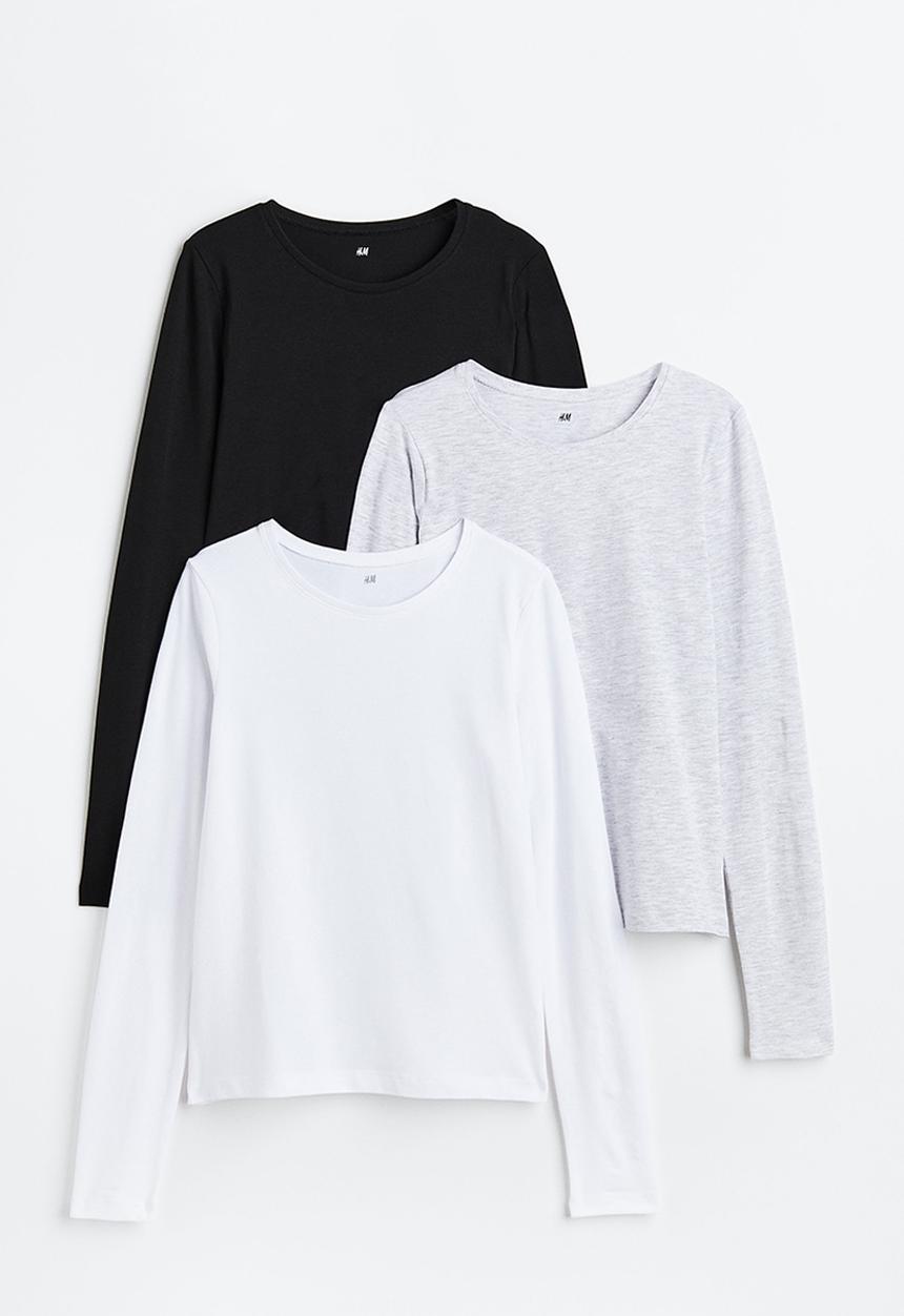 H&M - 3-pack jersey tops - black, grey, white