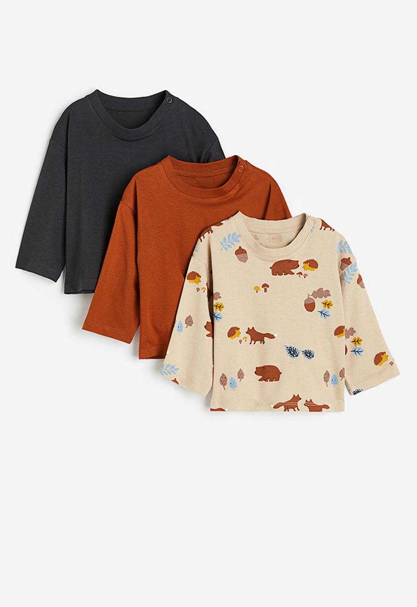 H&M - 3-pack cotton jersey tops - beige, animals