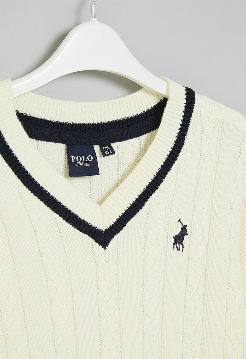 POLO - Boys mark v neck cable knit - milk