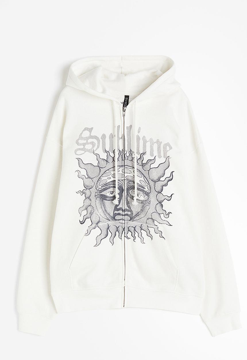 H&M - Oversized printed zip-through hoodie - cream/sublime