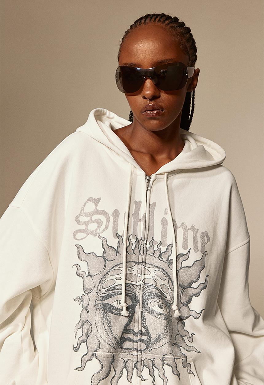 H&M - Oversized printed zip-through hoodie - cream/sublime