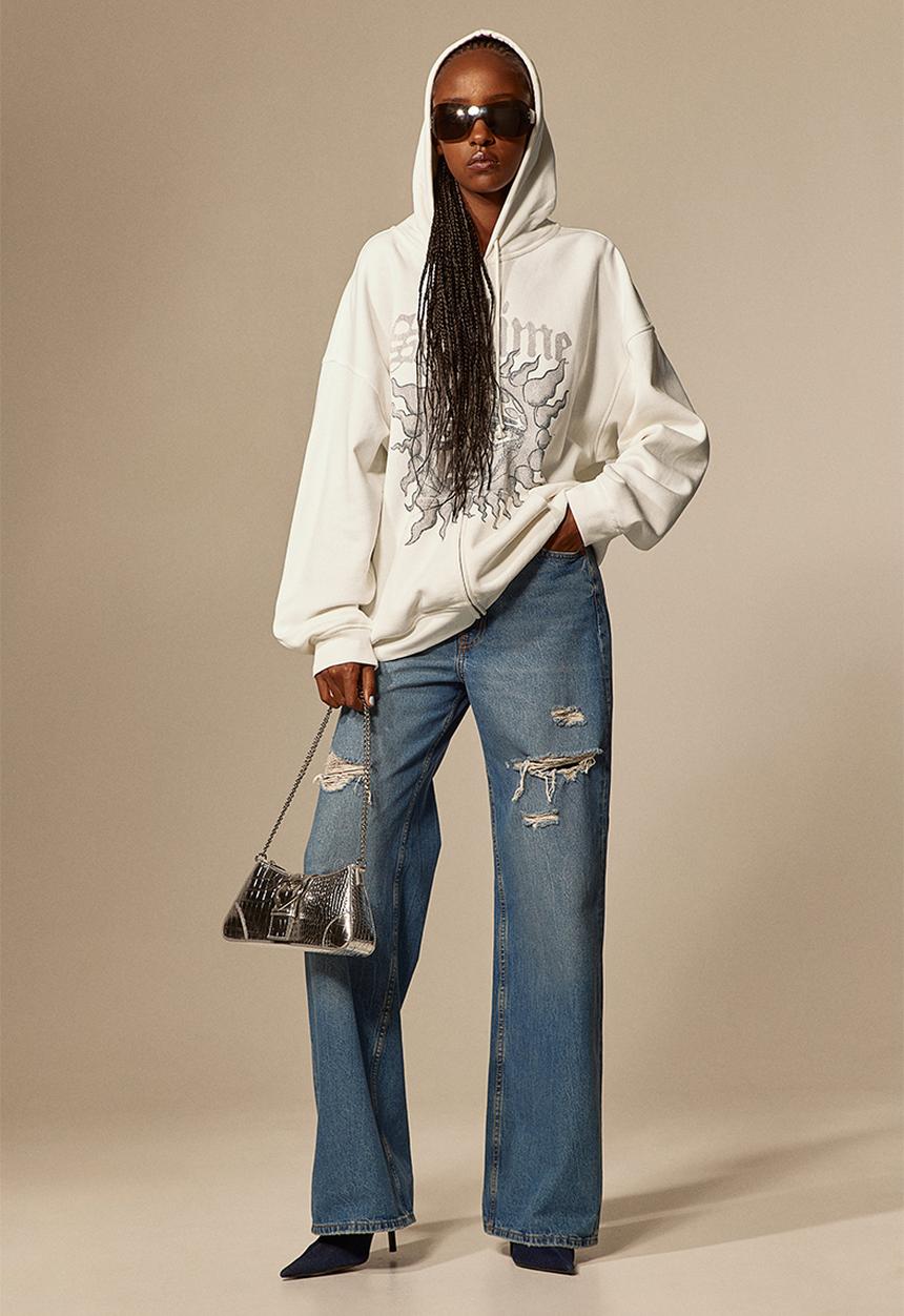 H&M - Oversized printed zip-through hoodie - cream/sublime