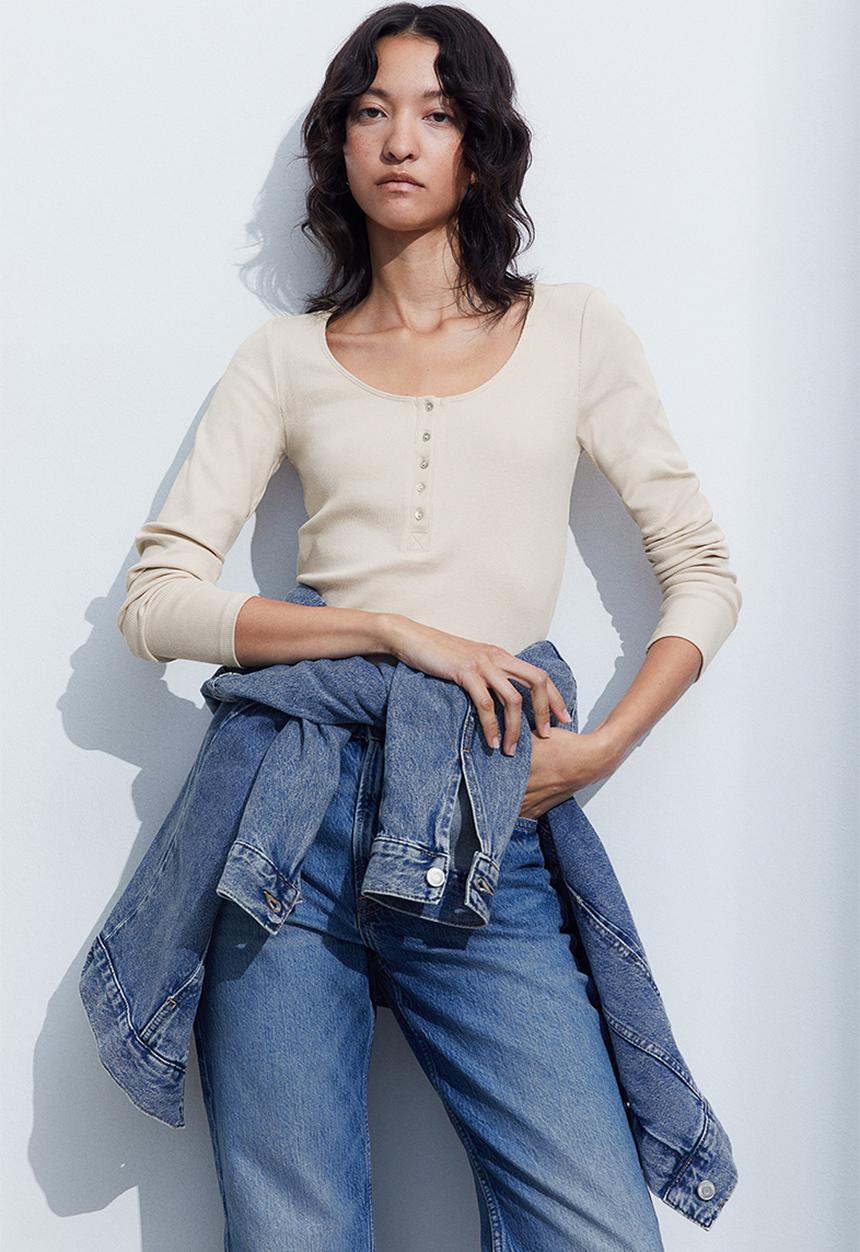 H&M - Ribbed henley top - light beige