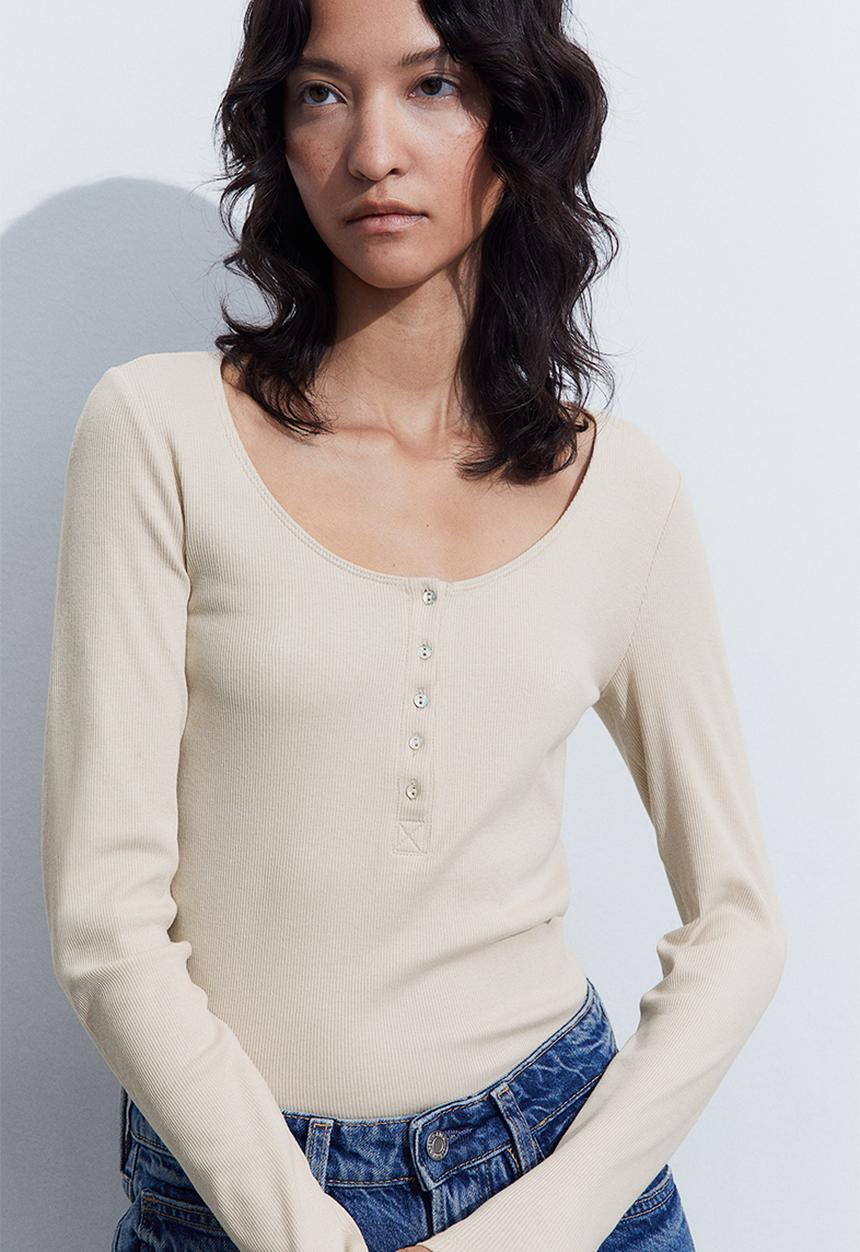 H&M - Ribbed henley top - light beige