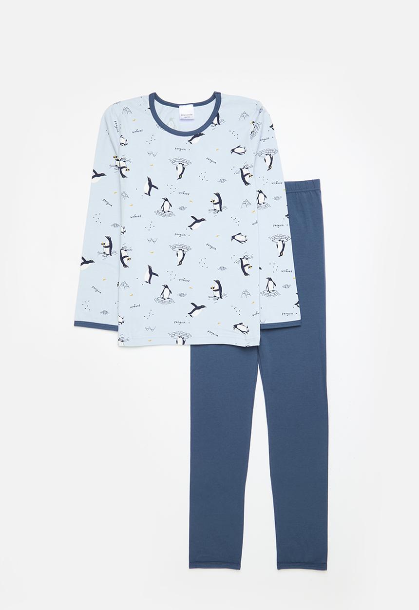 Pop Candy - Penguin print pj set - light blue & dark blue