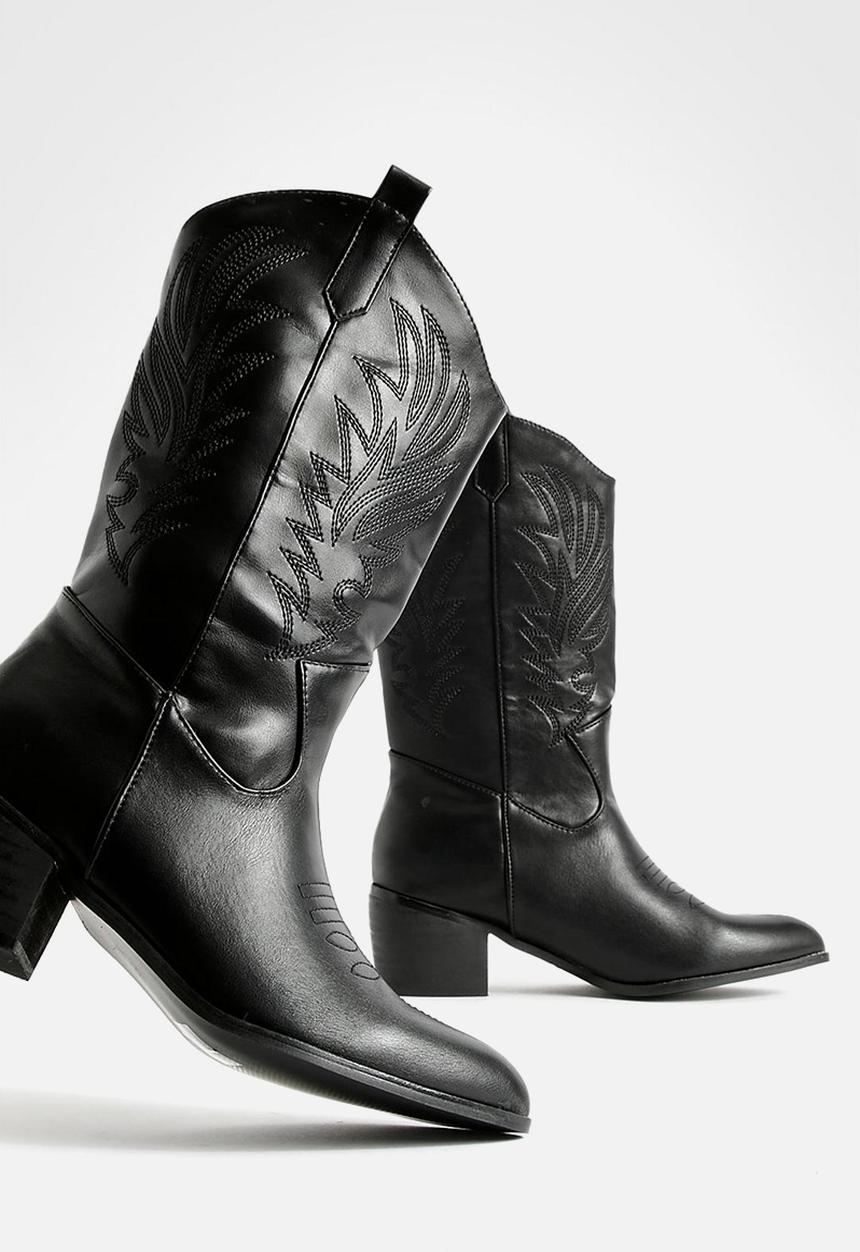 boohoo - Wide fit tab detail ankle cowboy western boots - black